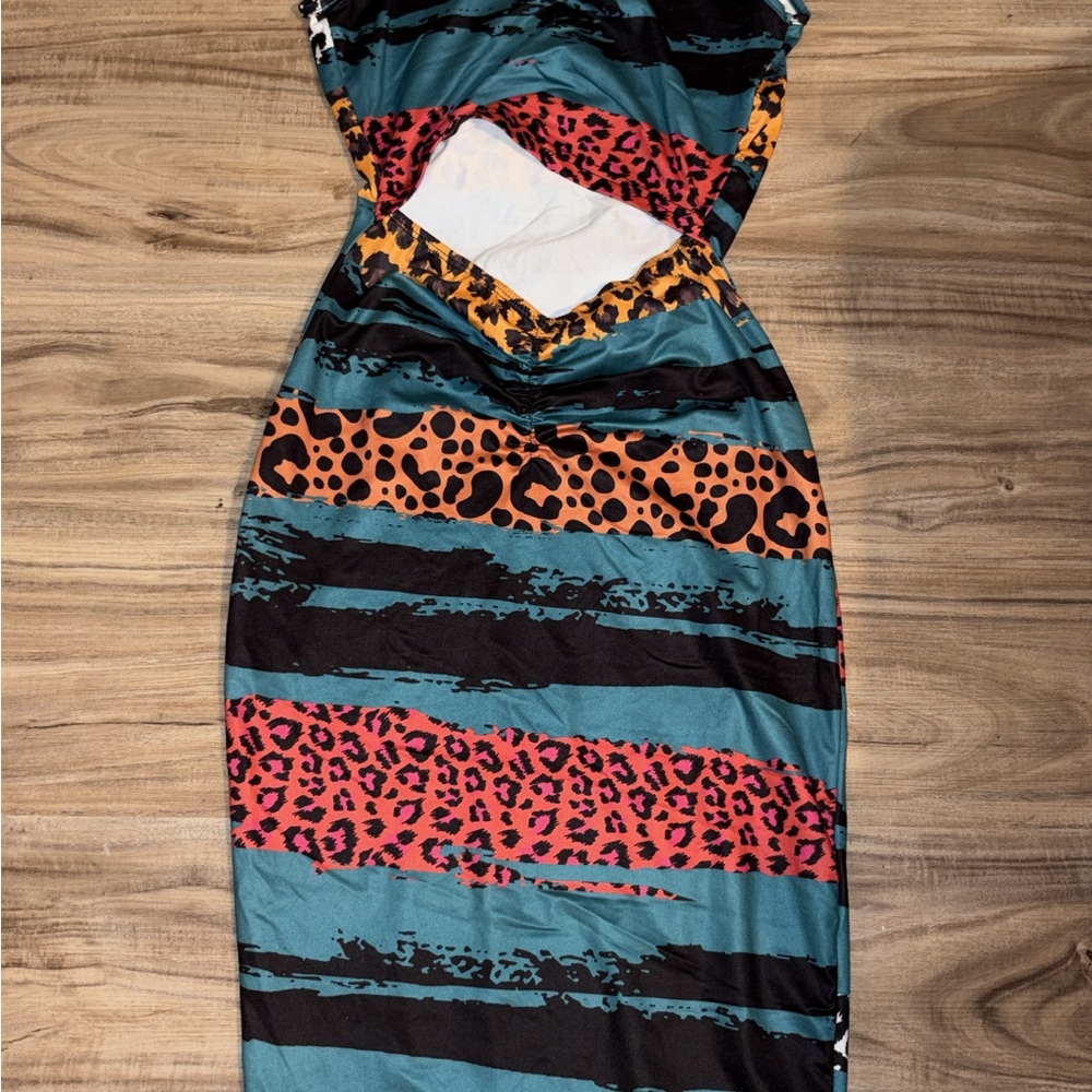Leopard Backless Print Striped Dress - Picture 2 of 3